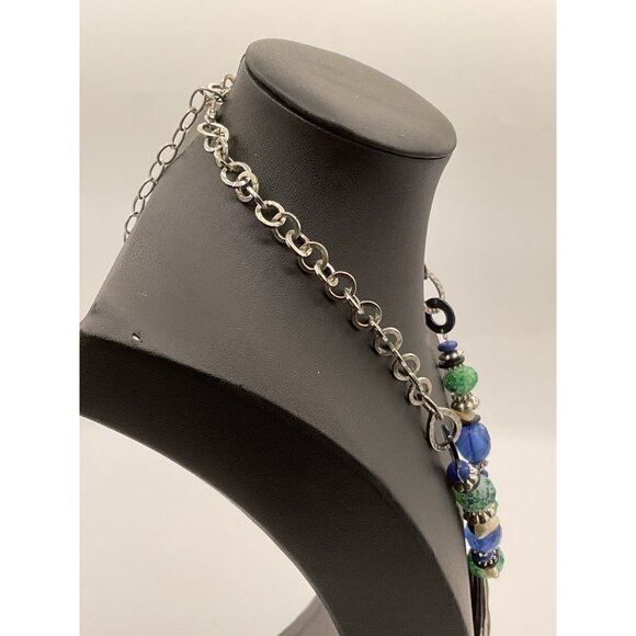 Ruby Rd Chunky Statement Necklace Green & Blue Beads Silver Tone Chain - Picture 5 of 6